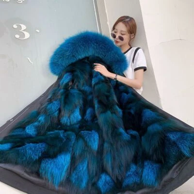 Mujer 2024 Nuevo Invierno Piel de Zorro Parka con Capucha Forro de Piel de Zorro Negro Abrigo Largo Grueso Foto 1 de 4