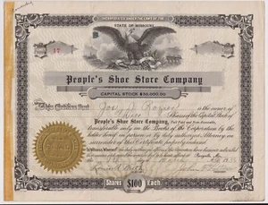 Certificado de stock de People's Shoe Store Company 1936 Perryville Missouri - Imagen 1 de 1