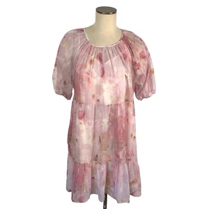 Melloday Women's Floral Chiffon Mini Tiered Dress Size Small Soft Pink - Picture 1 of 11