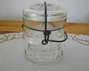 Barattolo di latta vintage ATLAS E-Z SIGILLO 1/2 PINTA vetro trasparente muratore con cauzione a filo con coperchio - Foto 1 di 7