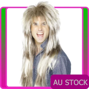 Mens Rocker 80s Mega Mullet Costume Long Wig Blonde Brown 1980s Pat Sharpe - Picture 1 of 2