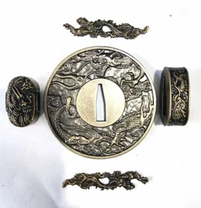 Elegant Set Dragon Tsuba Menuki Fuchi Kashira For Japanese Katana Sword Tachi - Picture 1 of 5