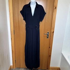 Zara Jumpsuit Women's Size L Navy Blue V-Neck Collared Wide Leg Belted - Picture 1 of 23