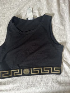 Versace Medusa and La Greca Bordered Lace Crop Tank Top in Black and Gold Size 3 - Picture 1 of 6