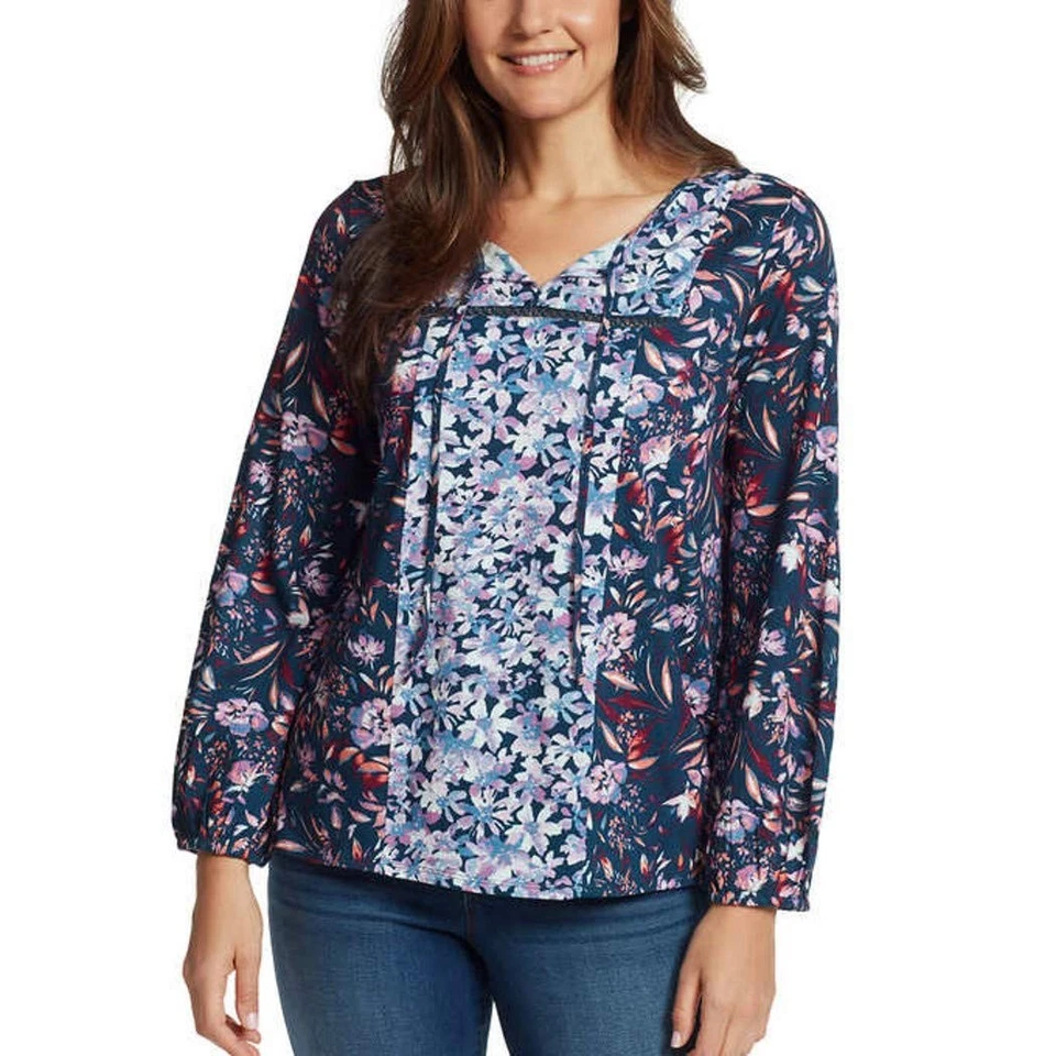 Vintage America Navy Blue Floral Tunic Peasant Shirt Blouse M Medium Womens