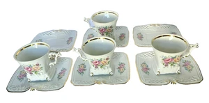 Gerold Porzellan Roses Gold Trim Square Cups & Saucer 10 pc W.Germany Bavaria - Picture 1 of 20