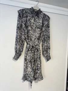 Decjuba Size 14 Grey & Black Long Sleeve Mini Dress With Ruffles And Tie Waist - Picture 1 of 7