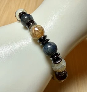 Moss Agate Stretch Bracelet W/Silver Toned Accents - Picture 1 of 5