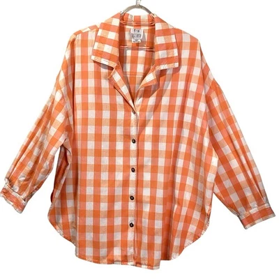 Vintage Cotton Gingham Plaid Oversized 3/4 Sleeve Button Down Blouse, Size 16W - Image 1 of 4