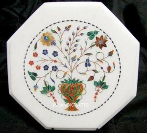 White Marble Table Lapis Lazuli Fine Floral Inlay Work Home Decor Gift 24" - Picture 1 of 6