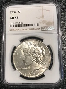 NGC AU58 1934 P PEACE SILVER DOLLAR COIN-OCT222 - Picture 1 of 5