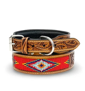 Western Leather Beaded Handmade Pet Dog Collar Heavy Duty Hand Tooled Adjustable - Picture 1 of 9