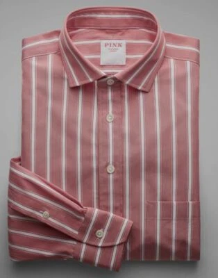 $498 Thomas Rosa Hombres 17/43 A Medida Blanco Rayas Manga Larga Top Camisa de Vestir Foto 1 de 3