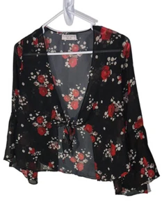 Flynn Skye Knot Your Business Glockenärmel Top Gr. XS schwarz rot Blumen transparent - Bild 1 von 7