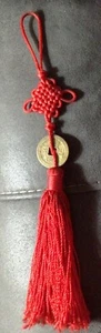 Vintage chinesischer Bagua Sicherheitsgeld Glücksmünze Anhänger mit rotem mystischem Knoten Quaste - Bild 1 von 7