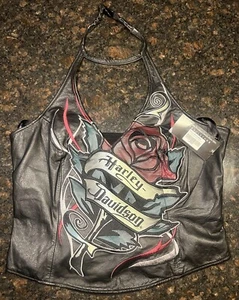 NWT Vintage Harley Davidson Y2K Women’s Leather Rose Halter/Vest/Diversion/LG - Picture 1 of 9