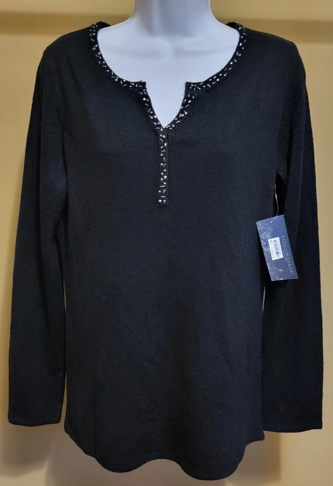 Nuevo con etiquetas Suéter Debbie Morgan Para Mujer Negro Sólido Cuello en V Adornado Talla: PL Foto 1 de 1