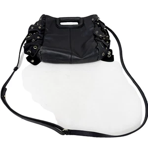 Maje schwarze Leder Schultertasche Handtasche Rüschen Ösen kleine Größe Goth - Bild 1 von 8