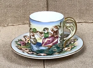 Vintage Embossed Courting Demitasse Cup Saucer Rococo Revival Romanticism - Picture 1 of 9