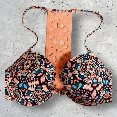 Bohemian Chic Bikini Top Molded Crochet Hippie Chic Neon Orange IKAT Small  - Image 1 of 2