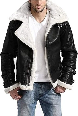 Mens B3 RAF Aviator Bomber Black Jacket Shearling Lined Hooded Real Leather Coat - Image 1 of 4