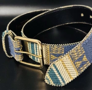 Vintage Tapestry Beaded Edge Womens M/L (32) Belt Boho Aztec Southwestern Stitch - Picture 1 of 16