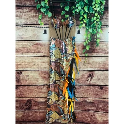 Sequin Feather Mesh Maxi Dress Mardi Gras Mermaid NYE Sexy Party Festival Vegas - Image 1 of 4