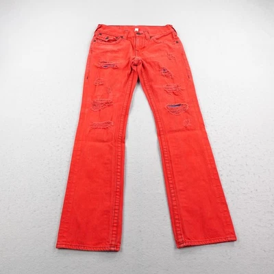 True Religion Jeans Mens 30 Red Denim Straight Leg Flap Pockets Distressed Pants - Image 1 of 4