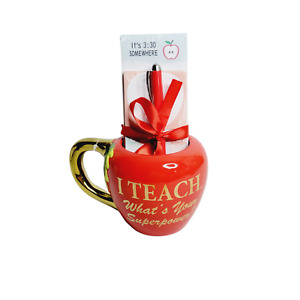 Teacher Mug Stationary Gift Set Red Apple Gold Trim Pen Notepad Graduation