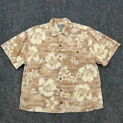 Camisa Hawaiana Hilo Hattie Para Hombres Mediana Marrón Seda Abotonada Floral Bolsillo Tejida Foto 1 de 4