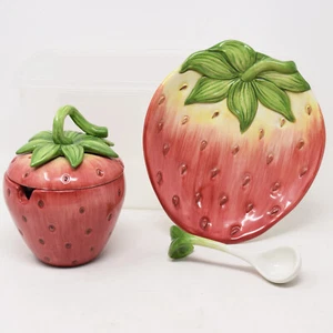 Strawberry Jam Jelly Sugar Bowl Lid Plate Spoon Cottagecore Farmhouse Compote - Picture 1 of 13