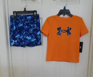 NWT 2pc Under Armour Orange Blue Camouflage Logo Shirt & Shorts Set sz 6 - Picture 1 of 1
