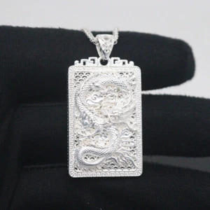 999 Fine Silver Pendant Women Men Lucky Dragon Rectangle Pendant 1.6inchH - Picture 1 of 6
