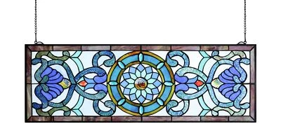 Yogoart Extra Large Horizontal 35 Inch Blue Victorian Stained Glass Window Pa... - Image 1 of 4
