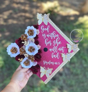 Custom Personalized Graduation Cap Topper Maroon White Gold Flowers - Picture 1 of 3