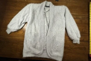 Vintage Lee Sands Dusty Grey Purple Angora Beaded Embroidered Sweater Jacket 46 - Picture 1 of 13