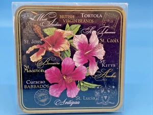 Black Hibiscus Coaster Set 4 Pieces Origional Art Hand Wash Cork Back Caribbean - Picture 1 of 7