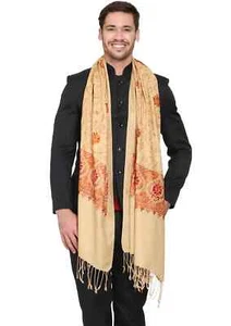 Scialle jacquard stola pashmina beige da uomo lana paisley jamavar scialle jacquard Jamawar avvolgente grande - Foto 1 di 3