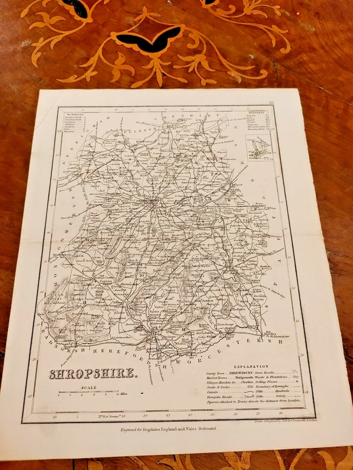 1840s Rare Antique Original Shropshire County Map Archer Dugdales Print Wales - Image 1 of 1