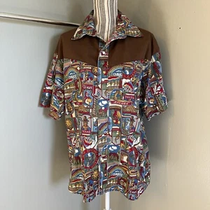 Mens Short Sleeve Brown Collared Pearl Snap USA States Country Western Shirt XL - Picture 1 of 12