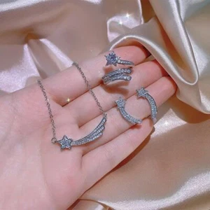Star Moon Jewelry Set - CZ Women Fashion Charming Silver Necklace Earrings Ring - Picture 1 of 15