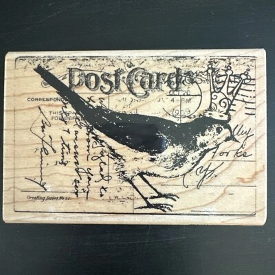 BIRD POST POSTCARD CROWN KING COLLAGE STAMPENDOUS  RUBBER STAMP WOOD MOUNTED LG - Image 1 of 4