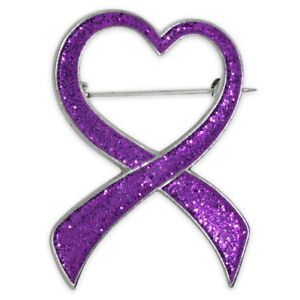 PinMart's Purple Glitter Heart Domestic Violence Awareness Ribbon Brooch