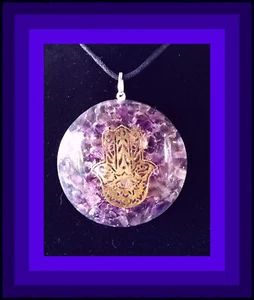 ORGONE HAMSA HAND PENDANT, ORGONE AMETHYST PENDANT WITH HAMSA HAND & EVIL EYE - Picture 1 of 5