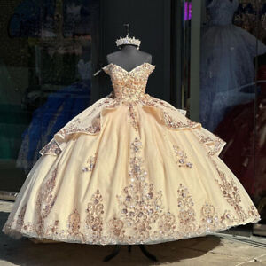 Gold Quinceanera Dresses Beaded Off the Shoulder Sweet 15 Girls Party Ball Gowns