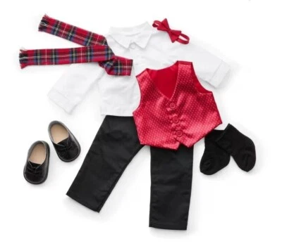 NIB American Girl Doll Pop of Plaid Boy Outfit - Vest Shoes Bow Tie Scarf Socks - Image 1 of 2