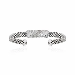 925 Solid Sterling Silver CZ Bar Italian Cuff Bracelet Slip On Bangle 6"-7" - Picture 1 of 6