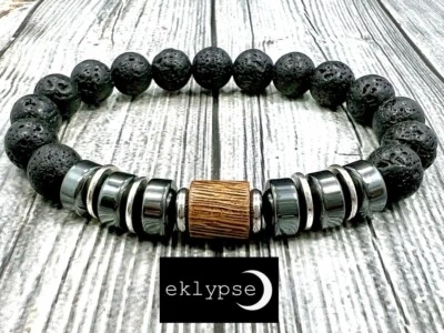 8" Stainless Steel 10mm Lava+Hematite+Sandalwood Gemstone+Wood Unisex Bracelet - Image 1 of 4