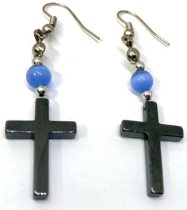 Hematite Cross Dangle French Wire Earrings Silver Tone Natural Round Blue Stone - Picture 1 of 3