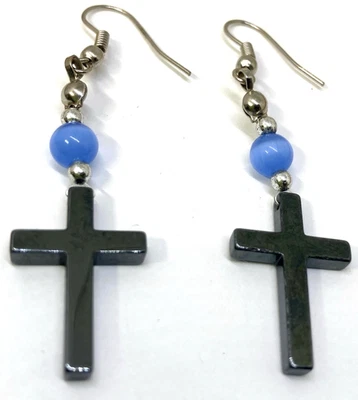 Hematite Cross Dangle French Wire Earrings Silver Tone Natural Round Blue Stone - Image 1 of 3
